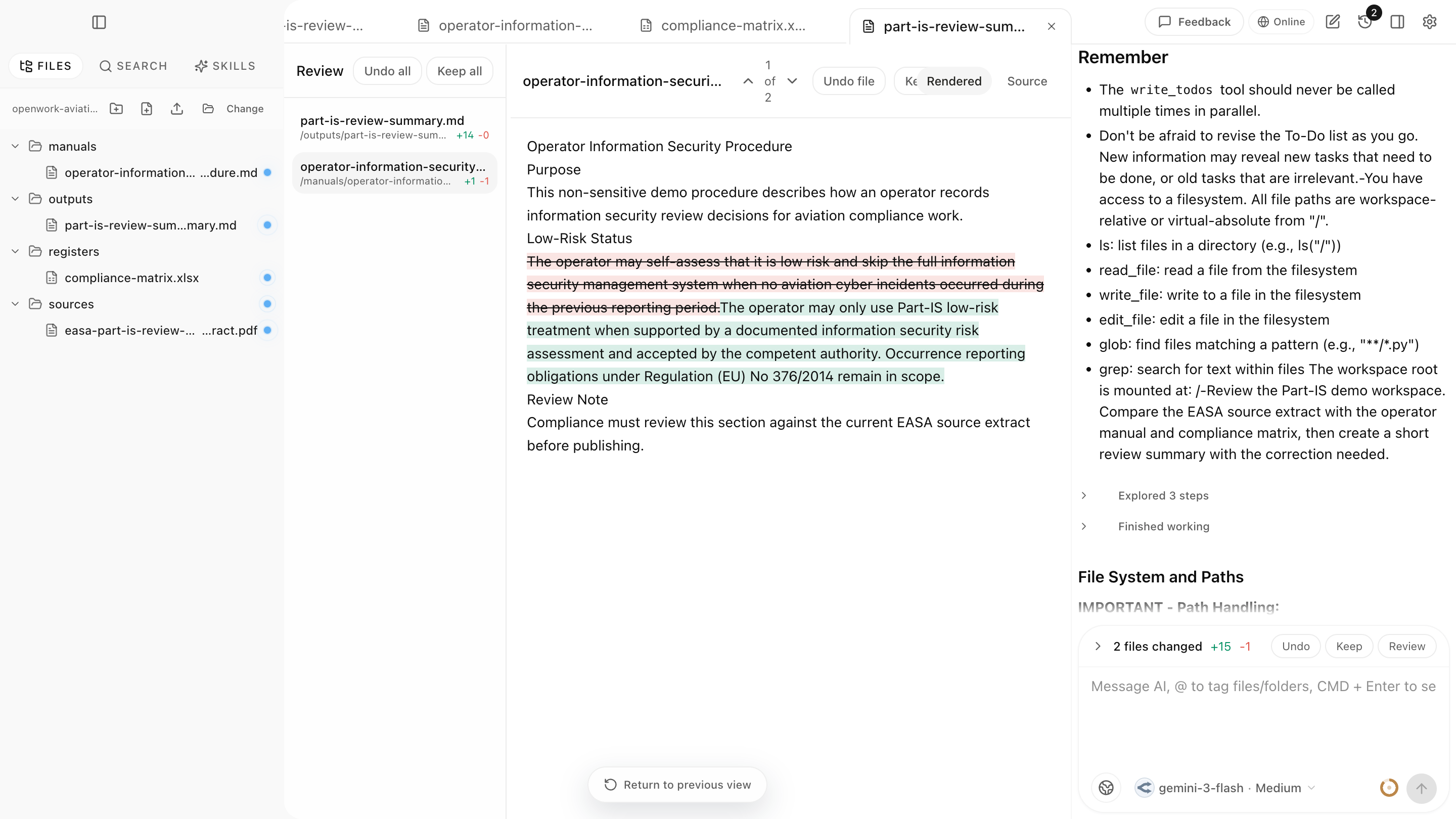 Document.Bot reviewable aviation manual change screenshot