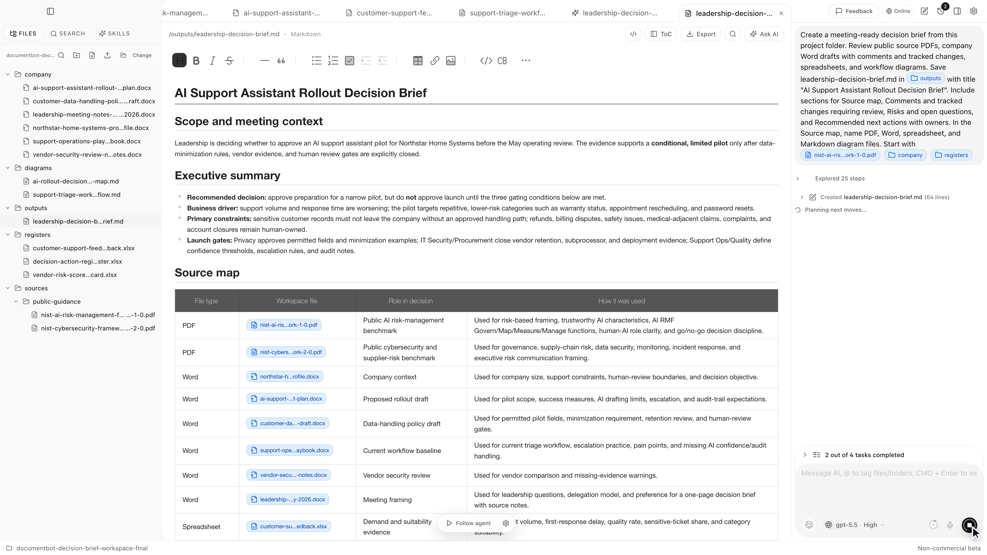Document.Bot source-backed decision brief workspace