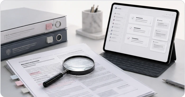 Compliance workspace with marked source documents and review interface
