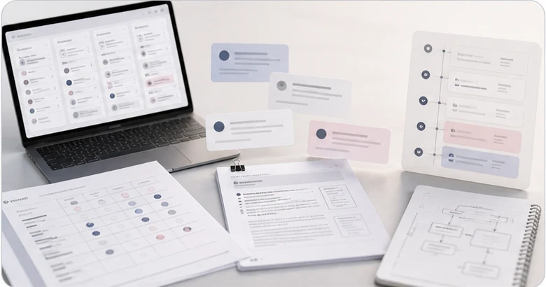 Proposal and operations workspace with comparison sheets and timeline cards