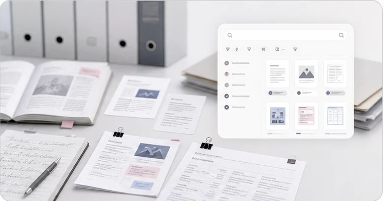 Research folder workspace with PDFs, notes, and searchable source cards